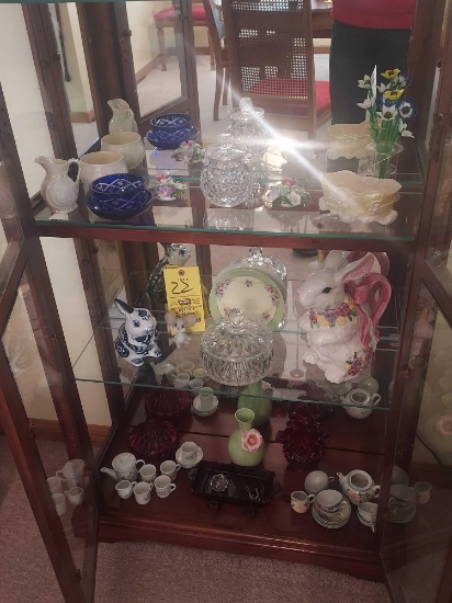 Contents of Bottom 3 Cabinet Shelves - Miniature China Pieces, Glassware, Glass Flowers, & more