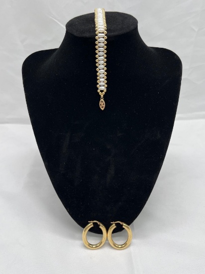 14K Clasp Pearl Bracelet, 14K Hoop Earrings