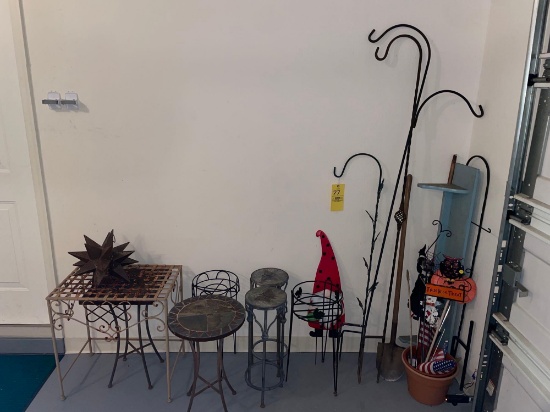 Shepard hooks, yard flags, flower pot stands side tables, wooden shelf