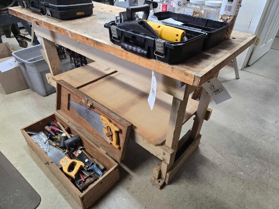 Wooden Work Bench w/ Wooden Tool Box & Assorted Tools