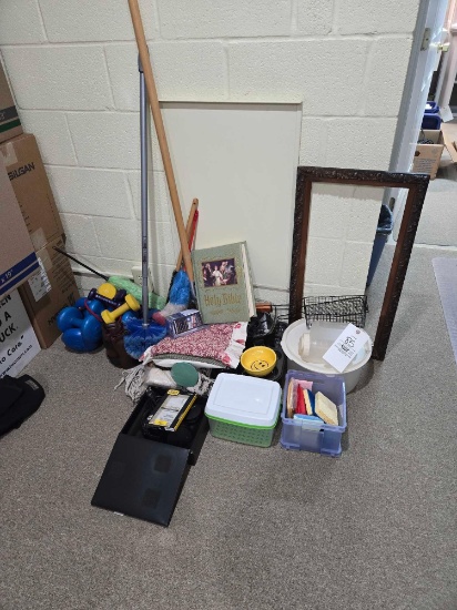 Assorted Free Weights, Brooms, Decor