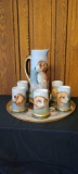 Stunning Limoges France dog themed Pitcher with matching tray and 5 mugs