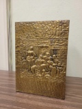 Vintage brass wrapped wood box with hammered shop scene