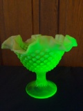 Vintage ruffled edge glass hobnail compote Fenton ? Opalescent
