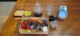 Box lot of vintage coasters, ash trays, teapot glass Butterfly display and more