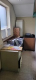 Formica top desk with chrome legs, printer stand, desk organizers, 2 drawer file and printers