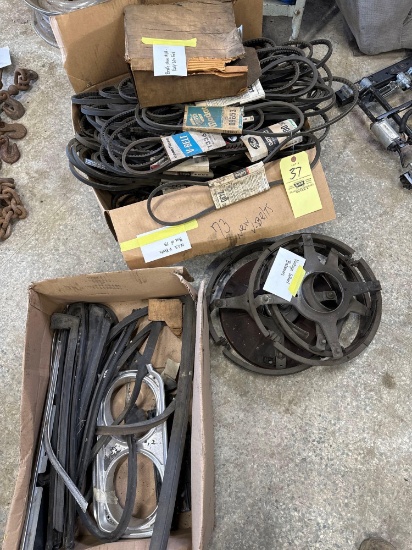 assorted v belts, vintage wheel balancer and trim pcs