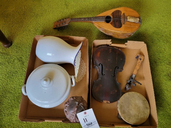 Early instruments, guitar, tambourine, porcelain pitcher, jar