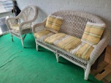 Wicker Bench, (2) chairs, table, coffee table, and lamp