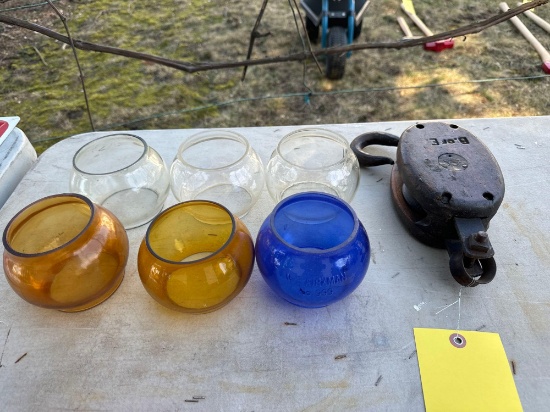 amber, cobalt, clear lantern globes, wood pulley