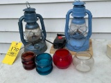 lantern gloves, 2 electrified barn lanterns, letter punch set