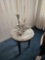Small marble top stand (marble has chip), pewter candlestick