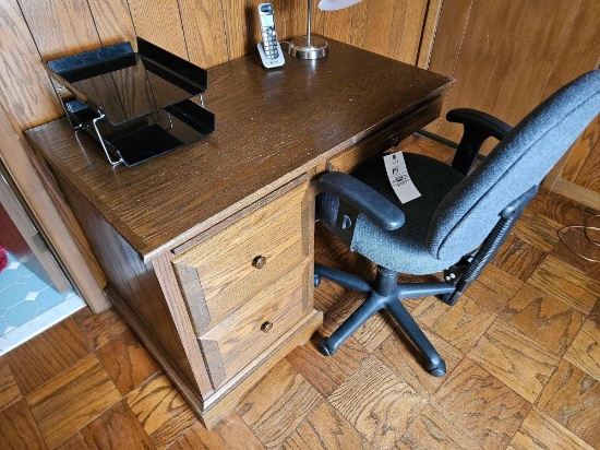 Oak desk, chair, lamp