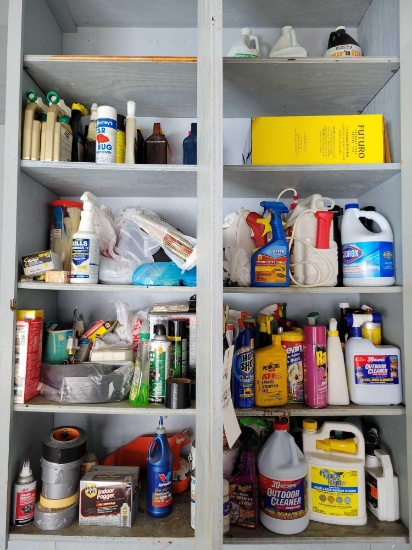 Contents of (2) Cabinet includes: Duct tape, fertilizer, pesticides, sprays, hardware, and more