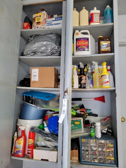 Contents of (2) Cabinet includes: sprays, hardware organizer, window scrappers, and more