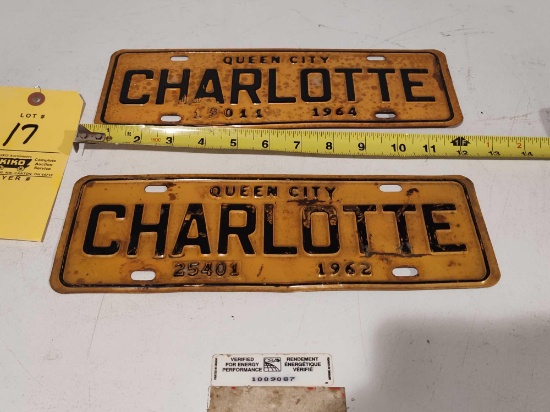 Rare 2 1960's Queen City Charlotte NC North Carolina License Plates 1962, 1964