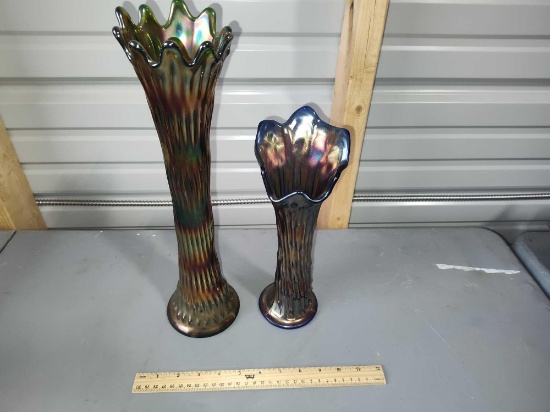 2Pc Carnival Glass Fenton Swung Vases tallest is 15 1/2"