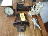 Vintage Scale, Cast Iron Door Stop and Boot Jack, Wood Shelf, Horse Carriage Sign Holder