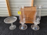 (2) Imperial Candlewick 3 Piece Hurricane Candlestick Glass Lamps, Candlewick Bowl