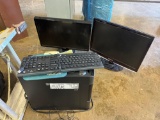 Samsung Monitor, ASUS monitor, Lenovo tower, keyboards