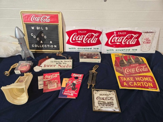 Coca Cola Signs, Mini Bottles, Key Chains, Anniversary Clock
