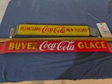 Vintage Coca Cola French Canadian Buvez Glace Porcelain Sign Door Push Bar Store & Metal Push Bar