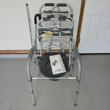 portable folding commode, several walkers, misc