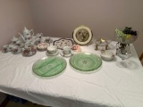 Fine China Tea set - cup and saucers - green serving dishes - owl plate - etc
