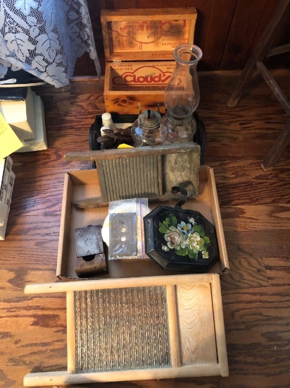 Oil lamps, wood box, was board, match safe