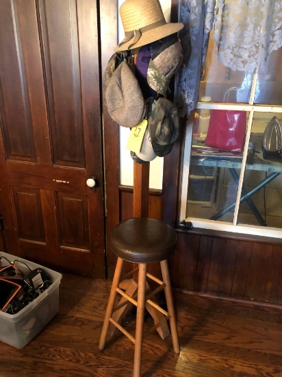 coat rack, hats and stool