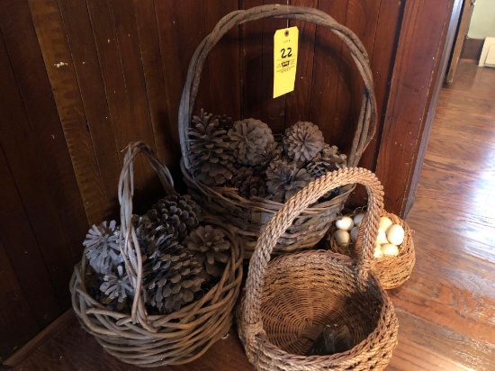 heavy vine baskets with pine cones and eggs