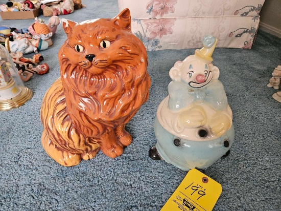 Clown Cookie Jar - nice, and Large Ceramic Cat - has damage on ears
