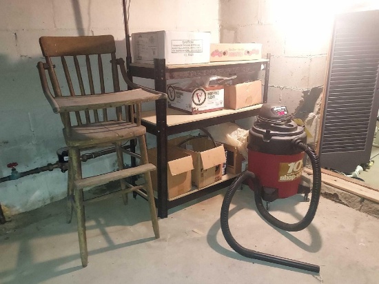 10 Gallon Shop Vac, Hardware, Metal Shelf, & Highchair