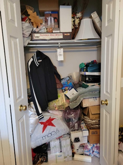 Closet Contents (Aqua globes, clothing, bedding, TV wall mount, and more