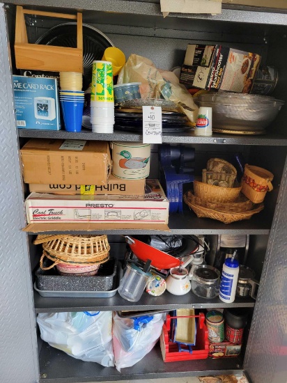 Cabinet contents, Griddle, Pans, Coffee maker, and more