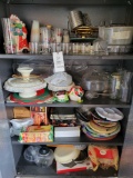 Cabinet contents, Glassware, Santa cookie jar, Platters, Cake Saver, and more