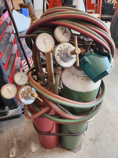 Oxy Acetylene welding set up, hoses, tanks, torch, goggles