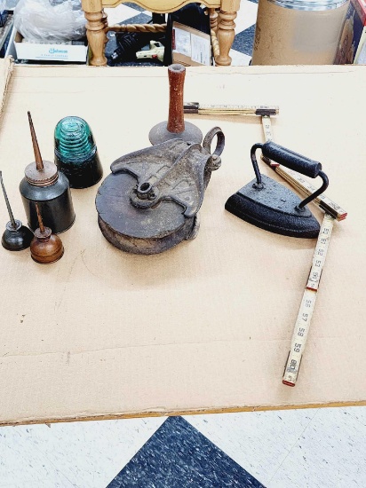 Vintage Oil Cans, Pully, Iron and Yardstick