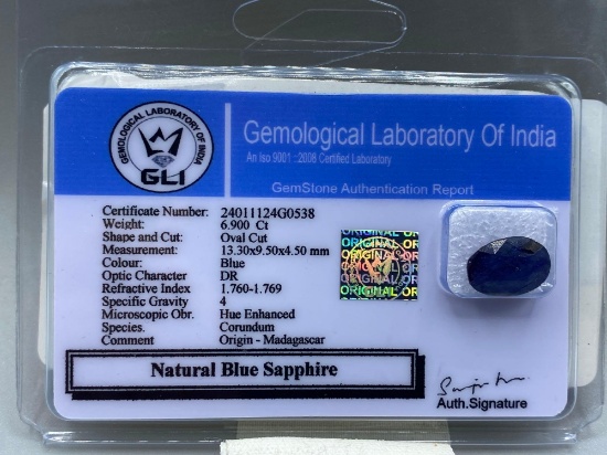 Certified Natural Blue Sapphire 6.900 CTS