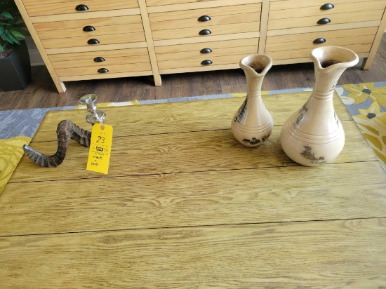 Decor pottery pitchers, faux horn candlestick and artificial plant