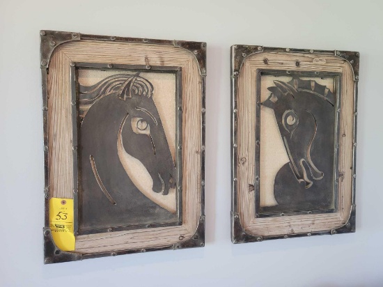 Pair of metal rivet style framed metal cut out horse plaques