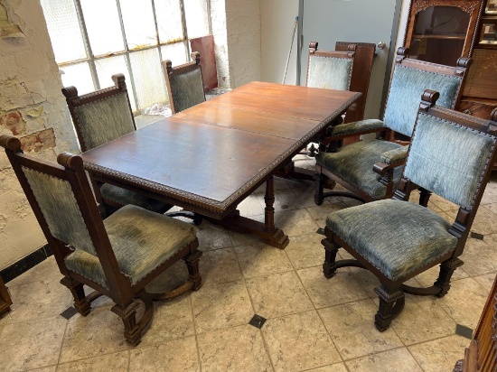 Ornate Heavy Carved Wood Dining Room Set with Six Chairs and Two Leaves