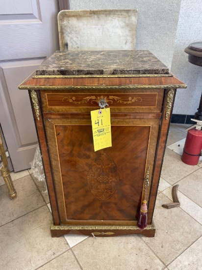 Ornate Inlaid Wood Side Cabinet with Marble Top