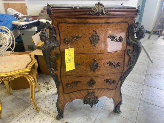 Early Ornate Burl Wood Bombay Chest of Drawers with Figural Accents