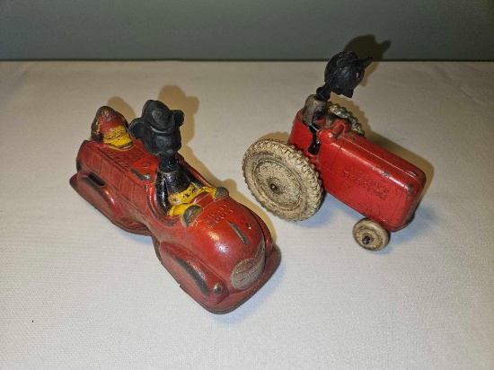 Vintage Sun Rubber Mickey Mouse & Donald Duck Red Fire Truck and Mickey Mouse Tractor