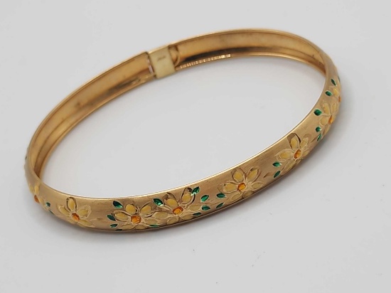 Very fine 10k gold enameled floral bangle bracelet