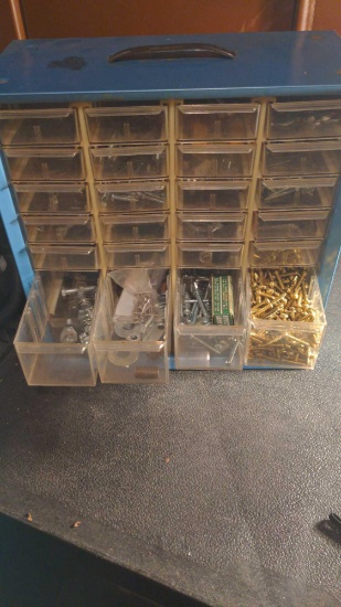 Metal nuts & bolts organizer cabinet with contents