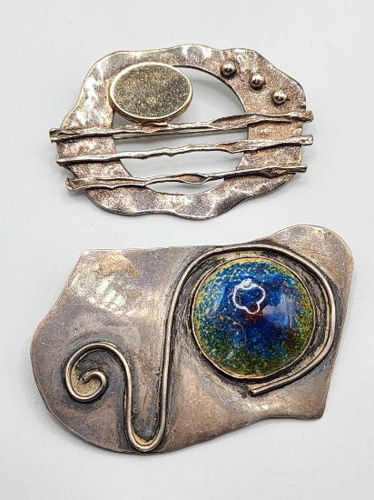 (2) vintage modernist sterling silver pins, brooches