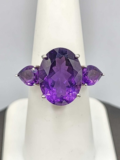 Very large dark amethyst & sterling silver ring, size 7