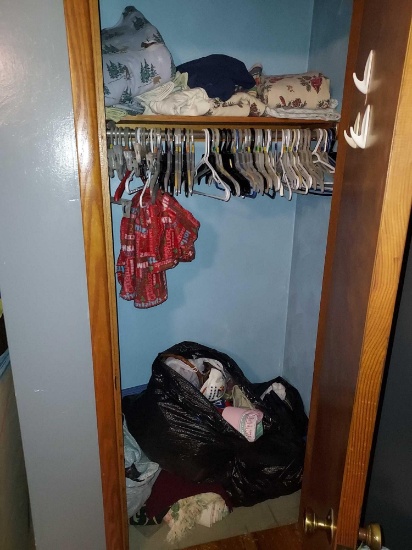 Closet Contents - Bedding, Various Clothing, Hats, & Hangers